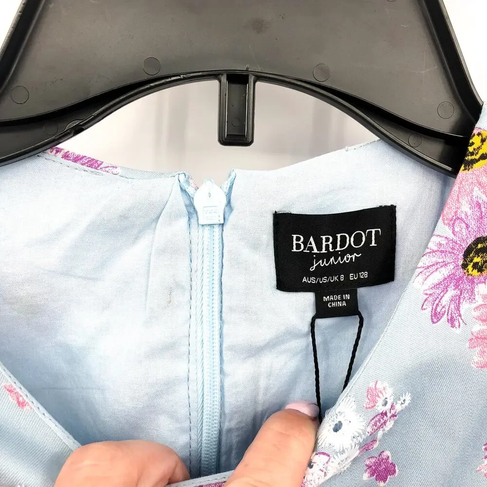 BARDOT Girls Ella Broderie Dress Size 8 Blue Floral Size Long Sleeve NWT